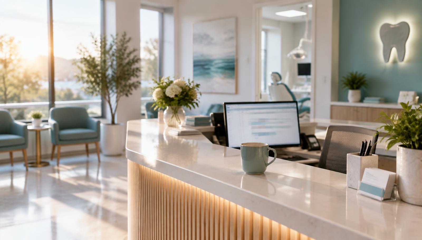A calm, tidy dental practice front desk on a Monday morning